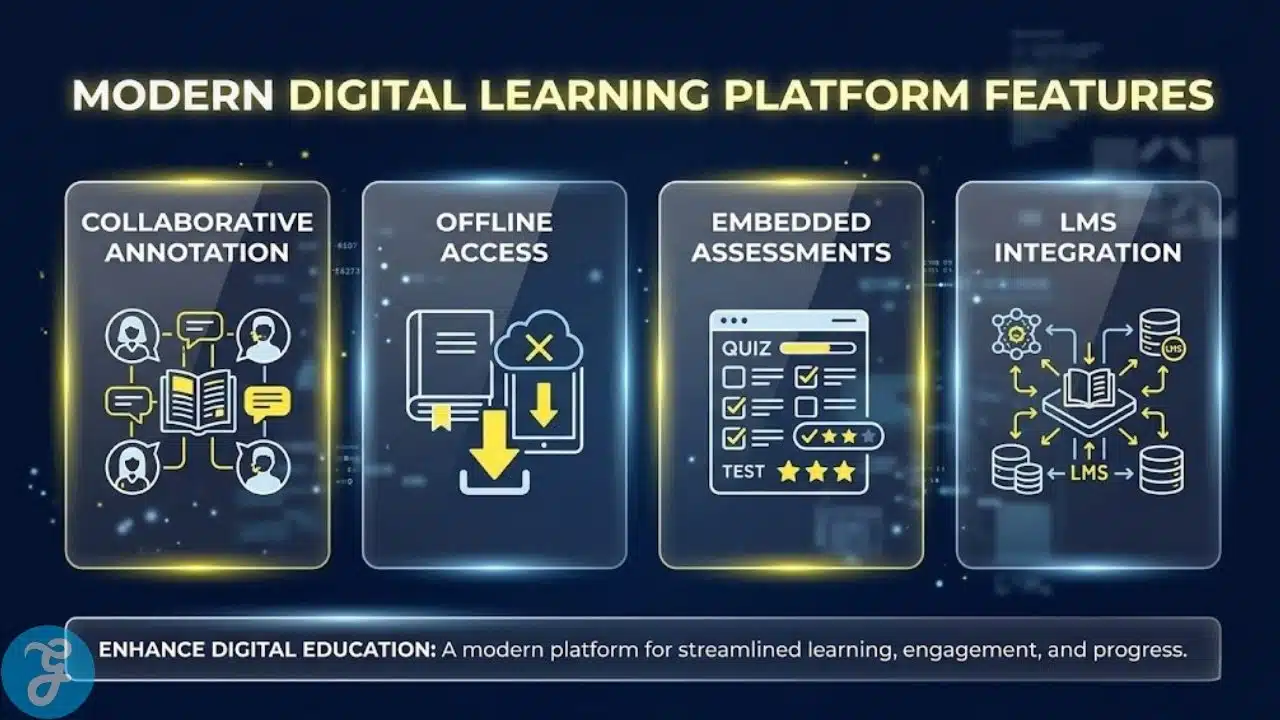 Infographic showing the core features of a modern interactive e-textbook platform.