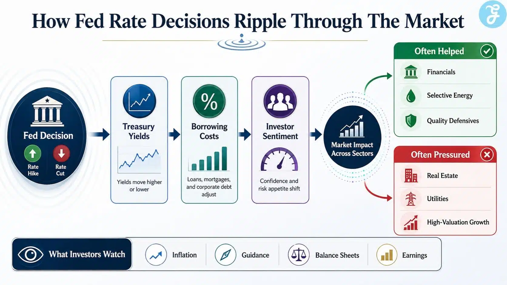 Infographic explaining how Fed Rate Decisions ripple through the market by influencing Treasury yields, borrowing costs, investor sentiment, sector performance, inflation expectations, guidance, balance sheets, and earnings.
