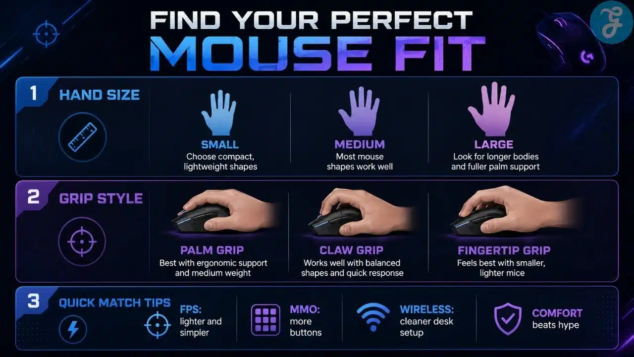 Infographic explaining gaming mouse fit by hand size, grip style, FPS needs, MMO buttons, wireless setup, and comfort.