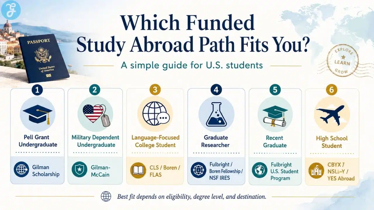 Infographic helping U.S. students choose the right funded study abroad path based on eligibility, including Pell Grant undergraduates, military dependents, language-focused students, graduate researchers, recent graduates, and high school students.