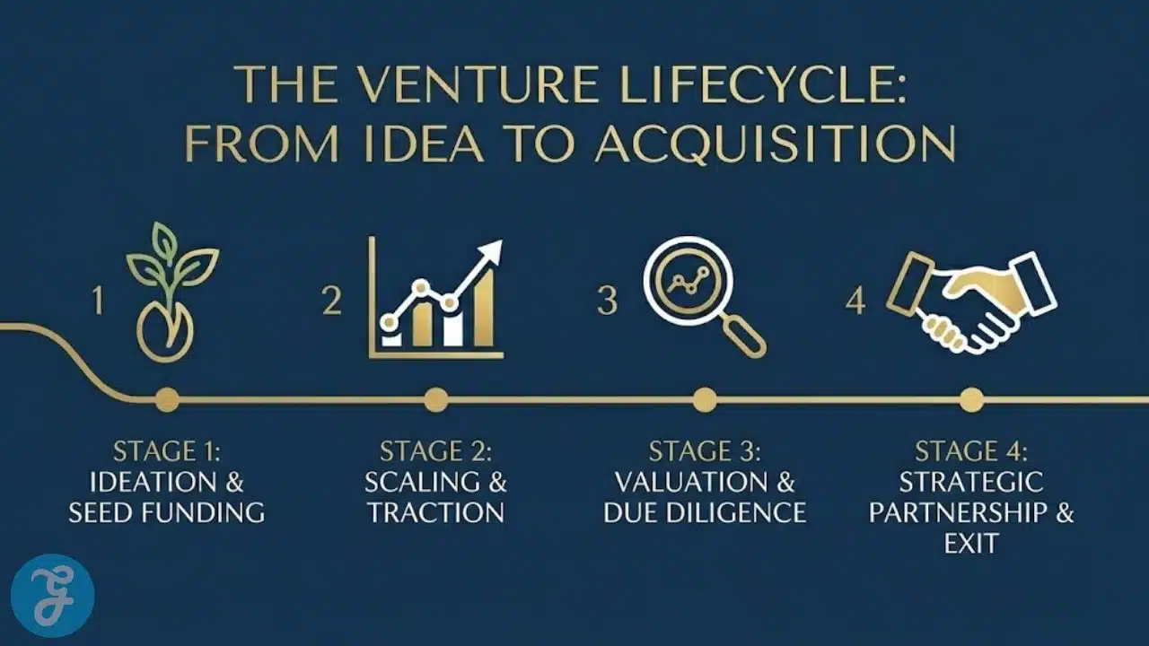 Infographic showing the timeline from studio funding to a final M&A exit.