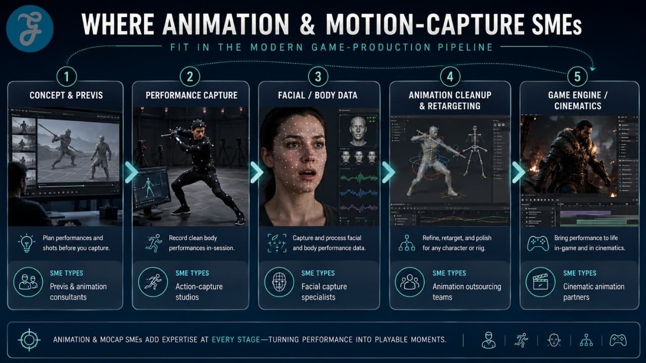Clean infographic showing where animation and motion capture SMEs fit into the modern game production pipeline, from concept and previs to performance capture, facial data, animation cleanup, and game engine cinematics.