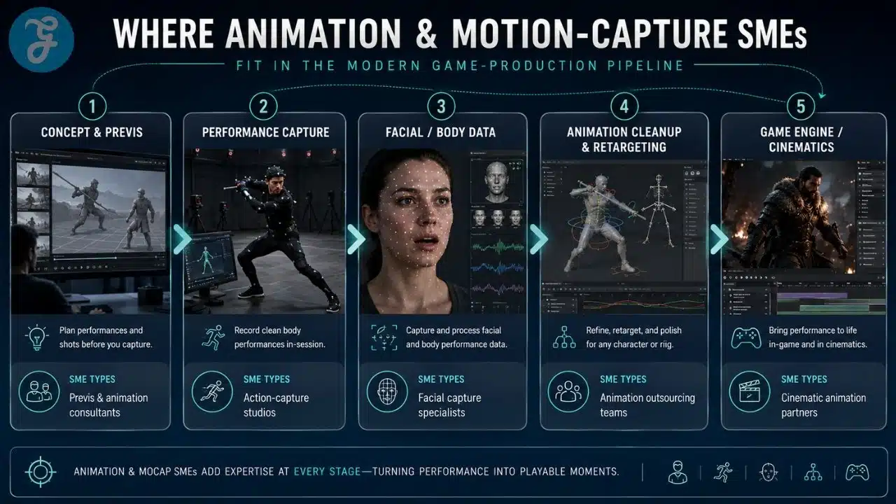 Clean infographic showing where animation and motion capture SMEs fit into the modern game production pipeline, from concept and previs to performance capture, facial data, animation cleanup, and game engine cinematics.