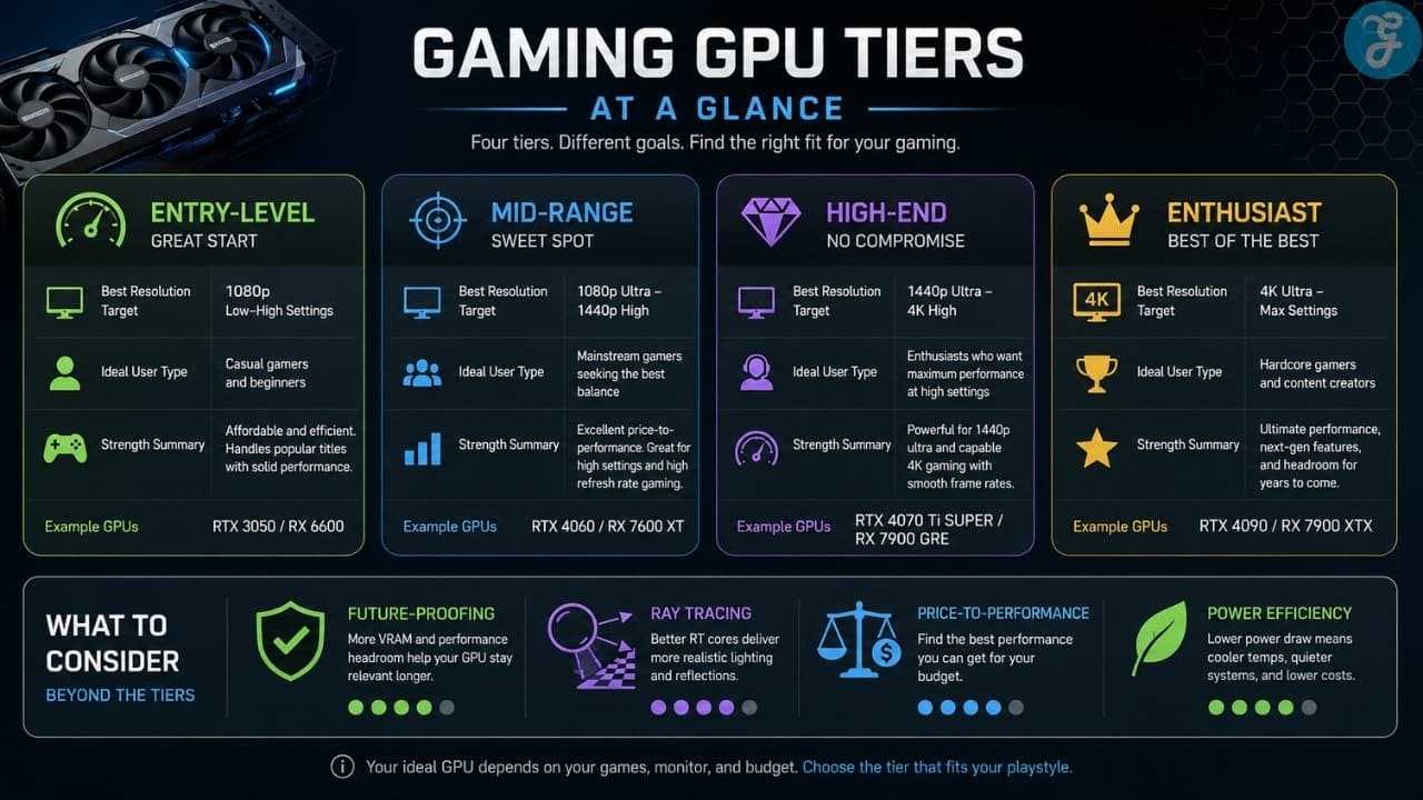 Gaming GPU tiers infographic comparing entry-level, mid-range, high-end, and enthusiast graphics cards