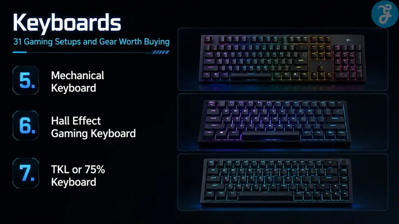 Infographic showing gaming keyboard options including mechanical keyboard, Hall Effect gaming keyboard, and TKL or 75% keyboard.