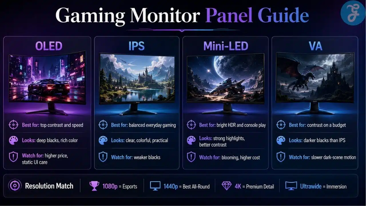 Gaming monitor panel guide comparing OLED, IPS, Mini-LED, and VA panels for different gaming needs.