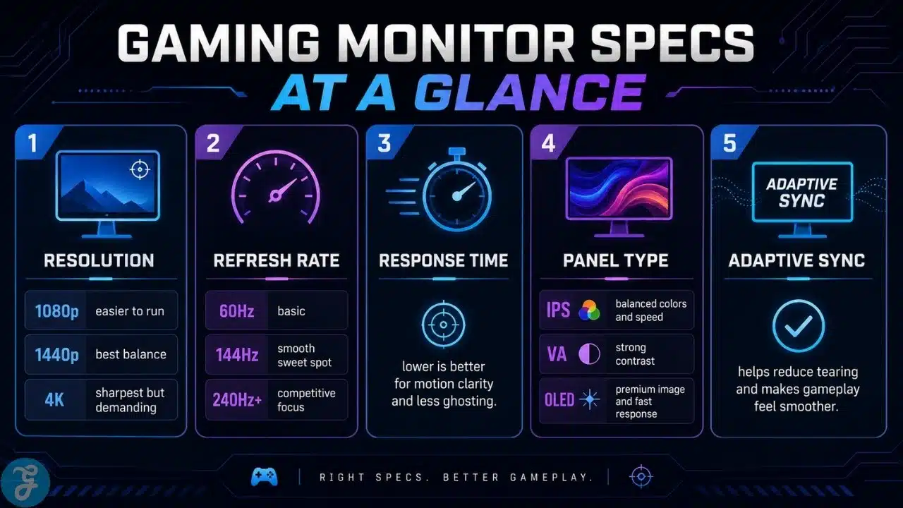 Gaming monitor specs infographic covering resolution, refresh rate, response time, panel type, and adaptive sync