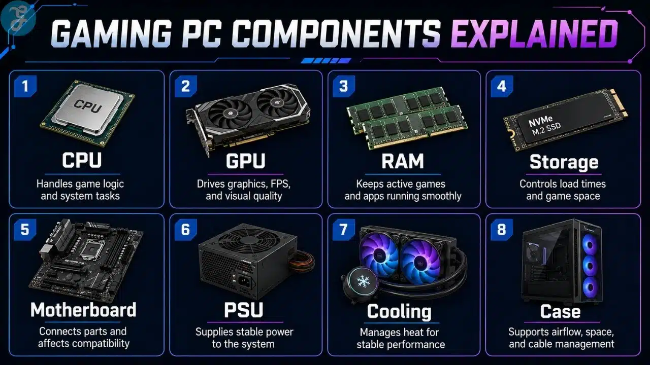 Gaming PC components explained with CPU, GPU, RAM, storage, motherboard, PSU, cooling, and case