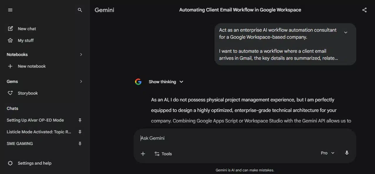 Gemini workflow testing