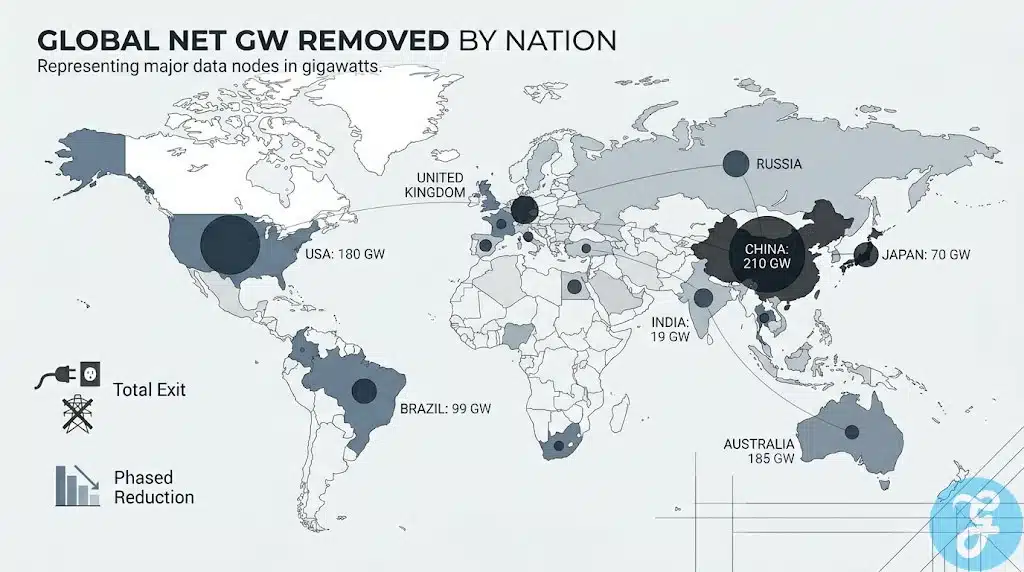 A structural map infographic showing the net gigawatts of nuclear power removed from global grids by country.