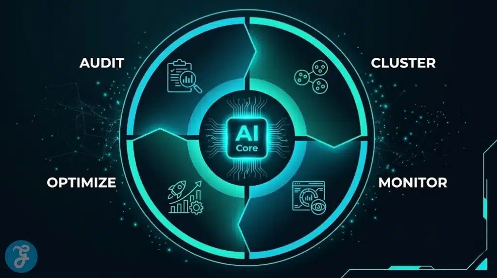 A circular workflow infographic showing the continuous cycle of AI-driven search optimization.