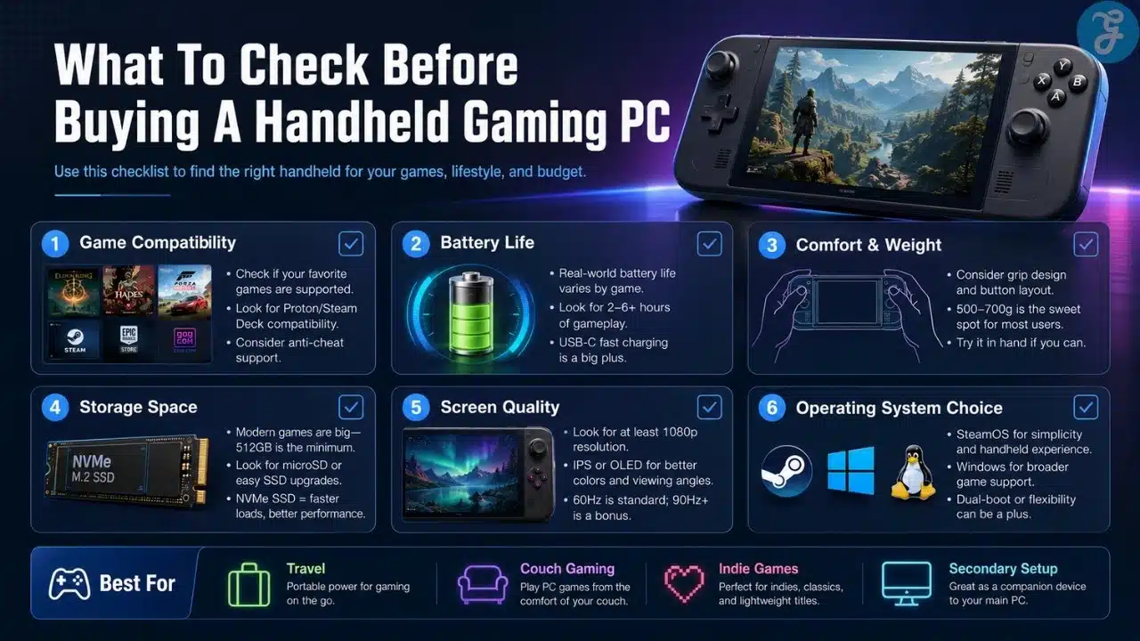 Handheld gaming PC buying checklist covering game compatibility, battery life, comfort, storage, screen quality, and operating system