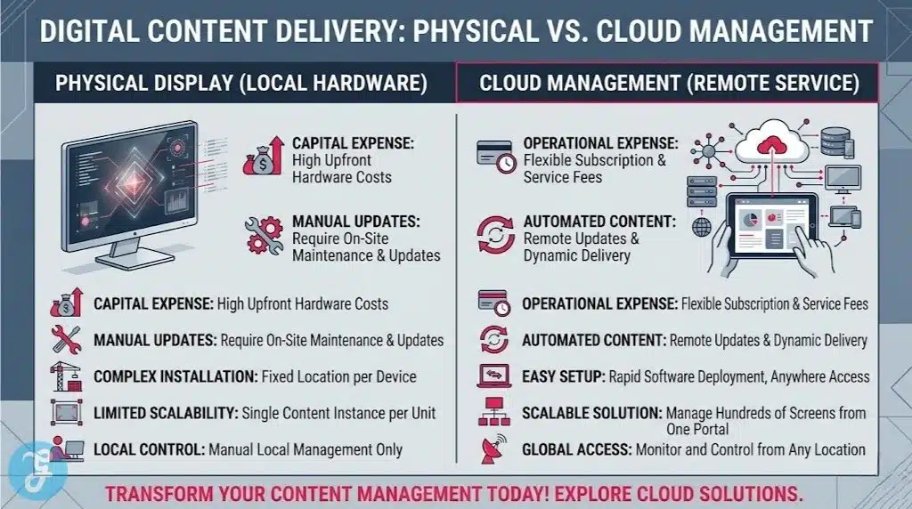 Infographic comparing physical interactive hardware with cloud-based digital whiteboard software.