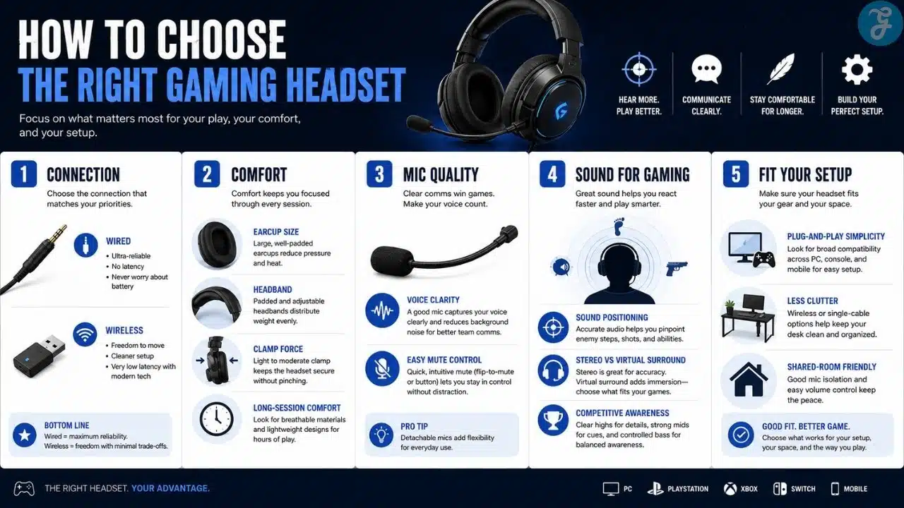 Gaming headset priorities by player type including competitive, voice chat, story, shared room, and budget gamers