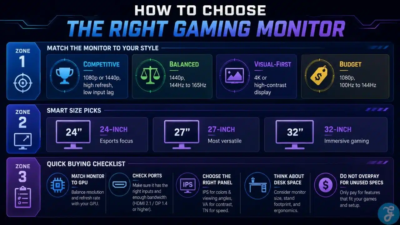 Gaming monitor buying guide showing monitor choices by play style, screen size, and key buying checks
