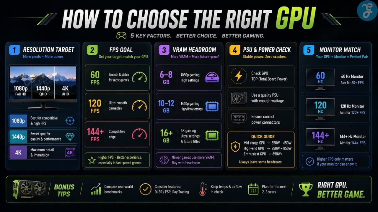 GPU buying guide showing resolution target, FPS goal, VRAM, power supply, and monitor match