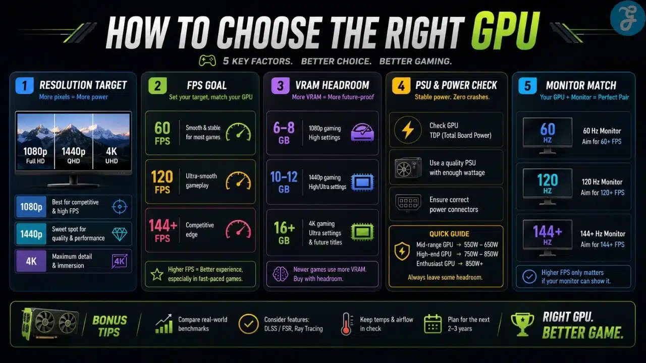 GPU buying guide showing resolution target, FPS goal, VRAM, power supply, and monitor match