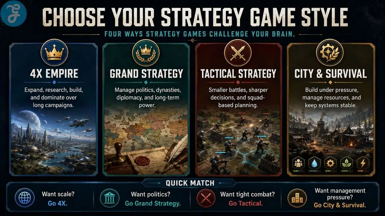 Infographic showing how to pick the right strategy game by time, complexity, focus, pace, and replay value.