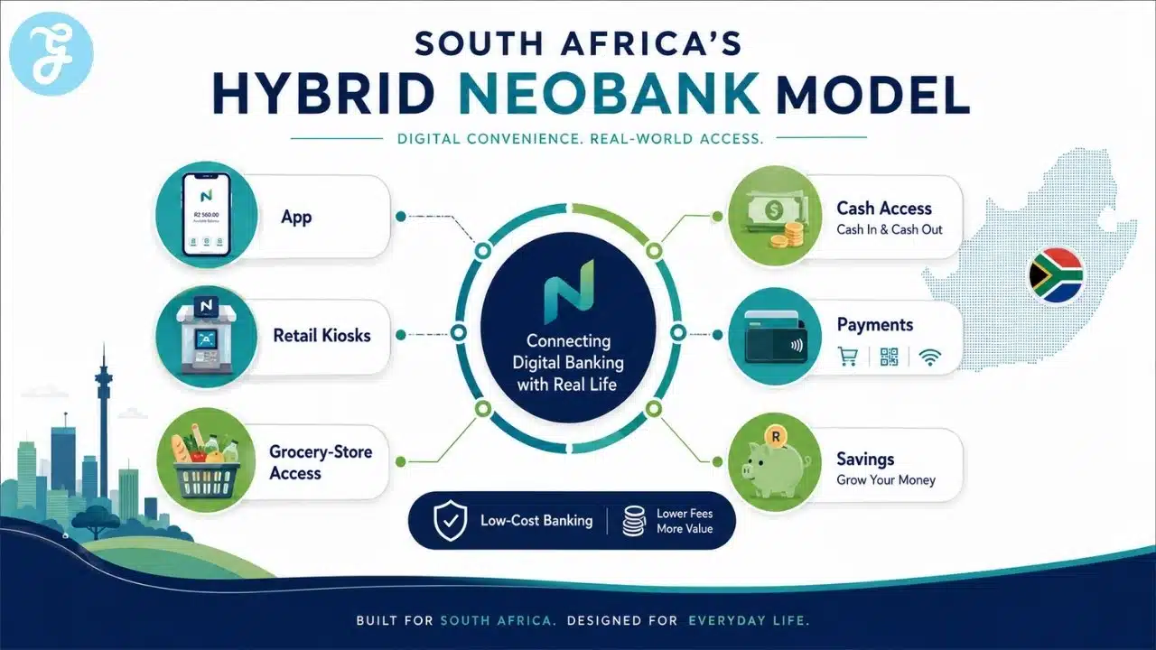 Infographic explaining South Africa’s hybrid neobank model, connecting mobile app banking, retail kiosks, grocery-store access, cash services, payments, and savings tools.