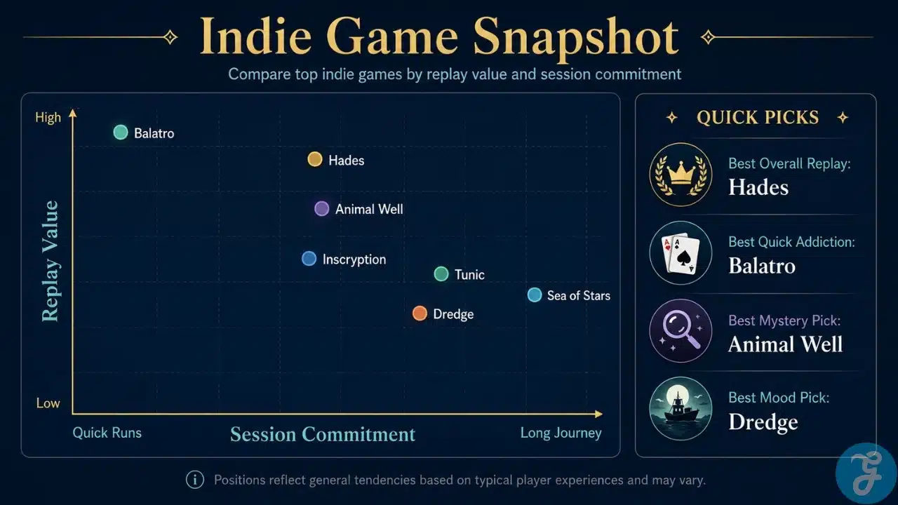 Infographic comparing indie games by replay value, session commitment, and quick recommendation categories.