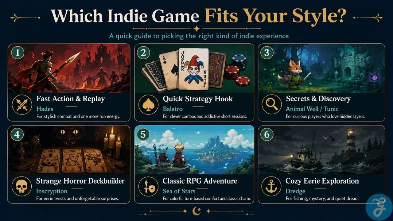 Infographic showing which indie game fits different player styles, including action, strategy, secrets, horror, RPG adventure, and eerie exploration.