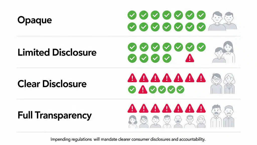 Infographic organizing four levels of AI disclosure from invisible deception to explicit legal mandates.