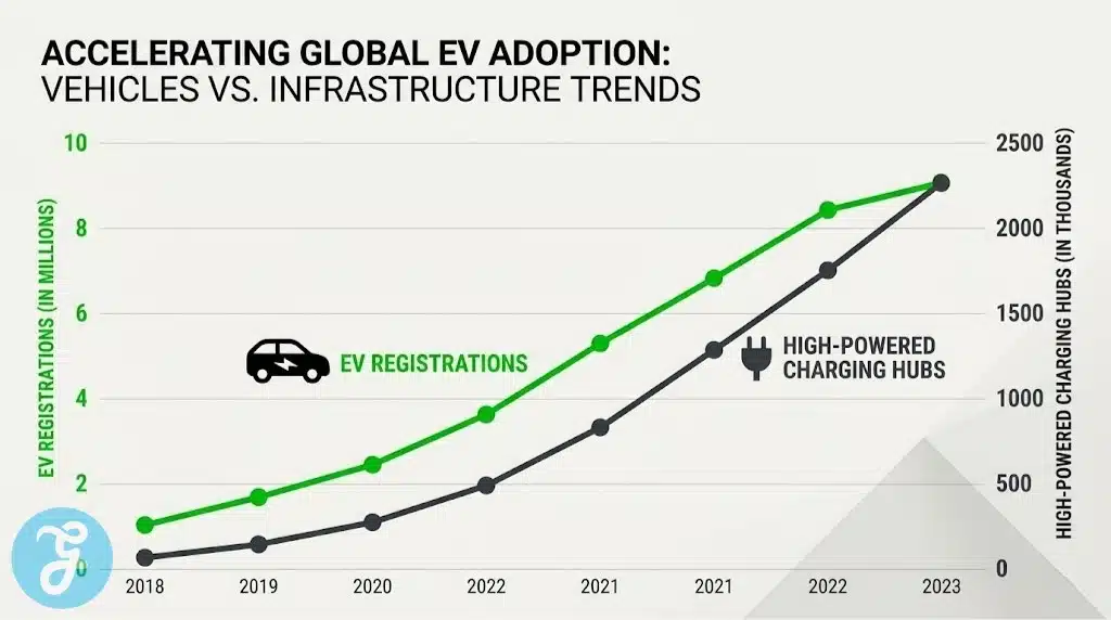 A dual-axis line graph infographic comparing the growth of charging hubs against EV registrations in Ireland.