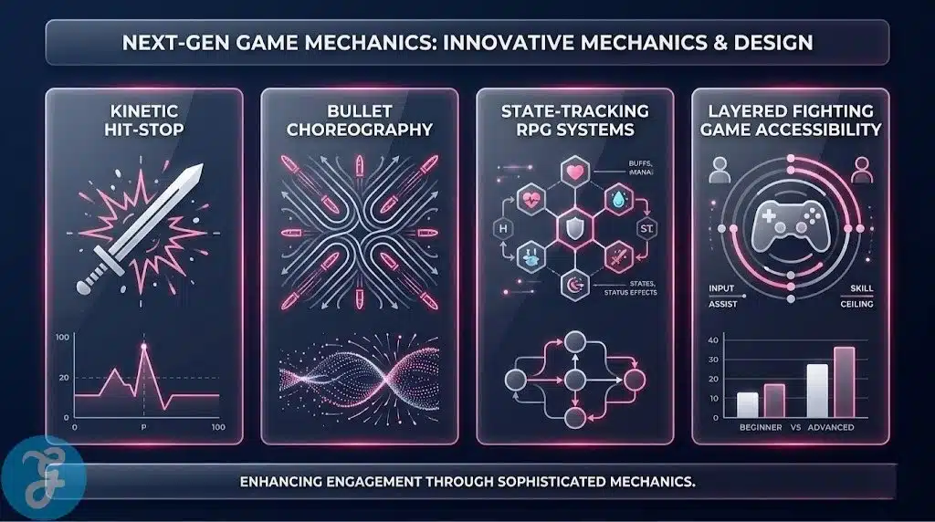 Infographic showing the core pillars of Japanese game mechanics: Tactility, Choreography, and Systemic Depth.
