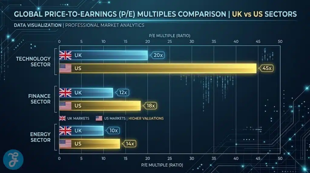 A comparative pie chart infographic showing the different industry concentrations between the LSE and US markets.