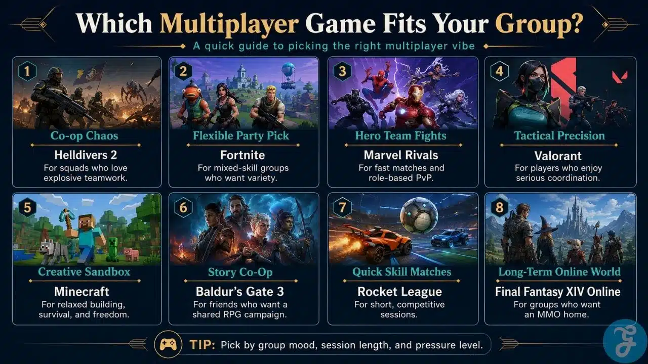 Infographic showing which multiplayer game fits different group types, from co-op chaos and casual play to tactical competition and MMO adventures.