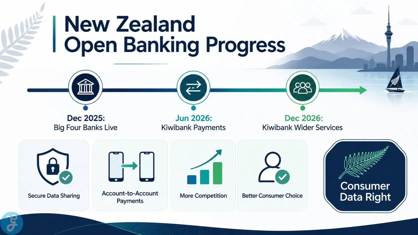 Infographic showing New Zealand’s Open Banking Initiative progress timeline, including Big Four bank readiness in December 2025, Kiwibank payment services in June 2026, wider Kiwibank services in December 2026, secure data sharing, account-to-account payments, competition, and consumer choice.