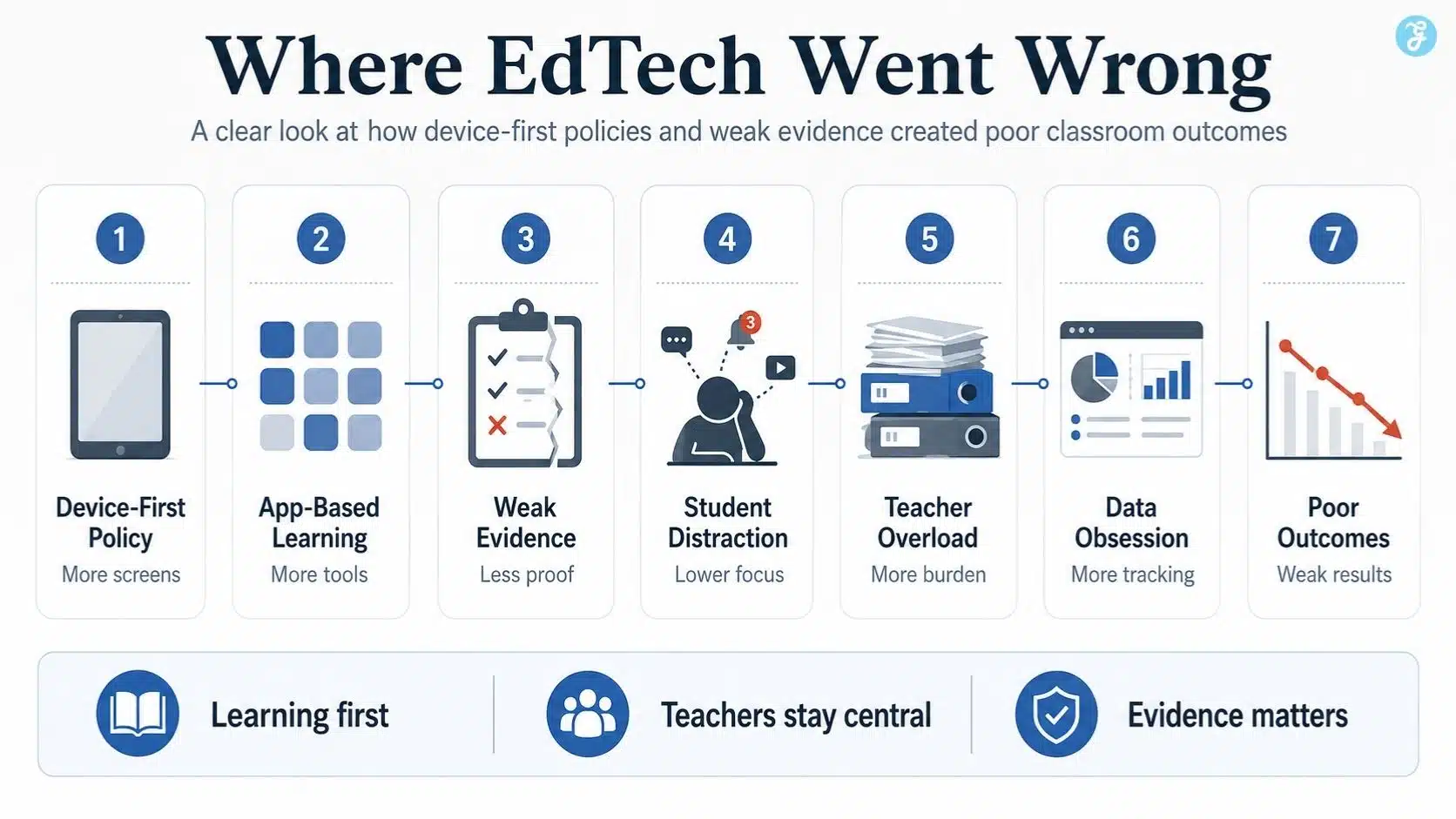 infographic explaining where edtech went wrong through screens: Edtech failed kids
