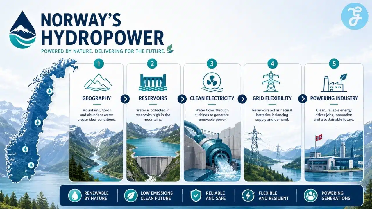Clean infographic explaining Norway’s hydropower system, showing geography, reservoirs, clean electricity, grid flexibility, and industrial power benefits.