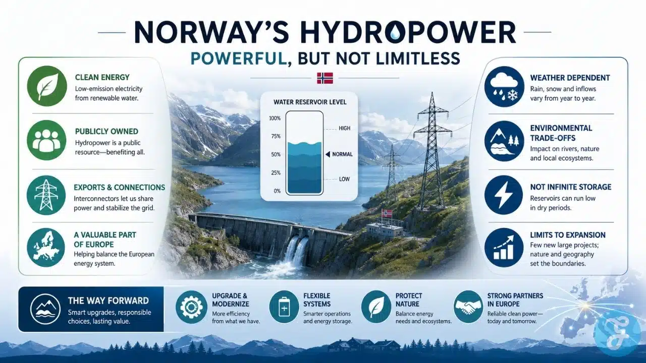 Infographic showing the strengths and limits of Norway’s hydropower, including clean energy, public ownership, exports, weather dependence, environmental trade-offs, and future upgrades.