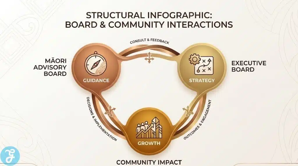 Diagram showing the relationship between Māori advisory, executive leadership, and community outcomes.