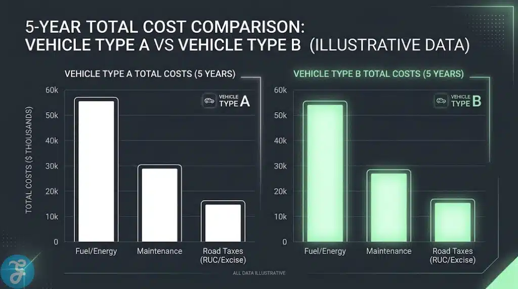 Comparison of long-term ownership costs for EV vs ICE vehicles including Road User Charges.