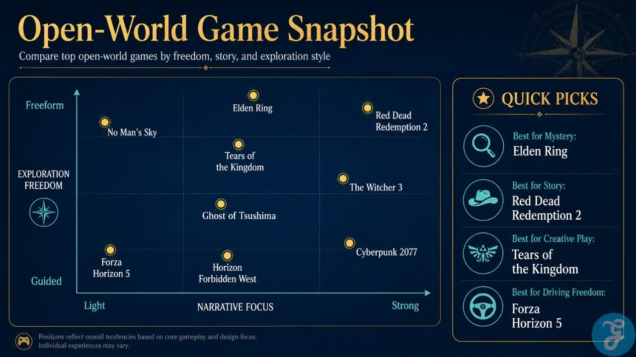 Infographic comparing open-world games by exploration freedom, narrative focus, and quick recommendation categories.