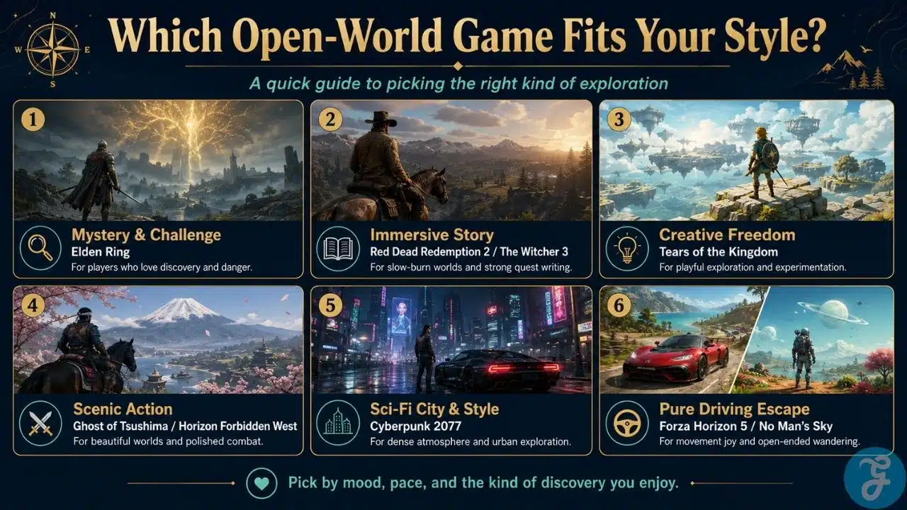 Infographic showing which open-world game fits different exploration styles, from mystery and challenge to creative freedom and scenic action.
