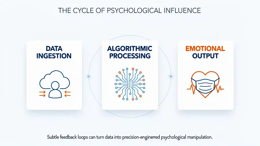 Conceptual infographic showing the cyclical flow of user data into a generative AI model that outputs mirrored empathy.
