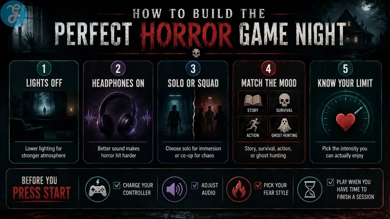 Infographic showing how to build the perfect horror game night with lights off, headphones on, mood matching, and fear limits.