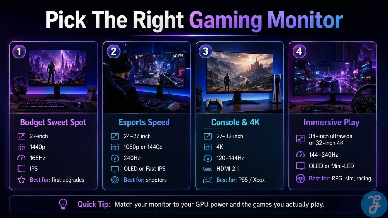Infographic showing how to pick the right gaming monitor by budget, esports, console, and immersive gaming needs.