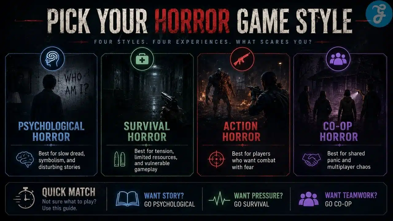 Infographic explaining horror game styles including psychological horror, survival horror, action horror, and co-op horror.