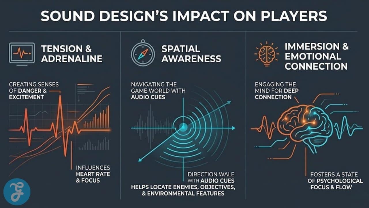 Infographic illustrating how sound design affects player emotions and gameplay decisions.