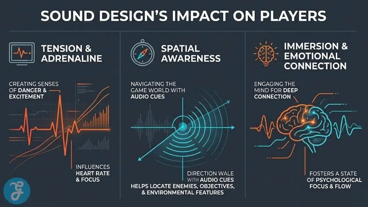Infographic illustrating how sound design affects player emotions and gameplay decisions.