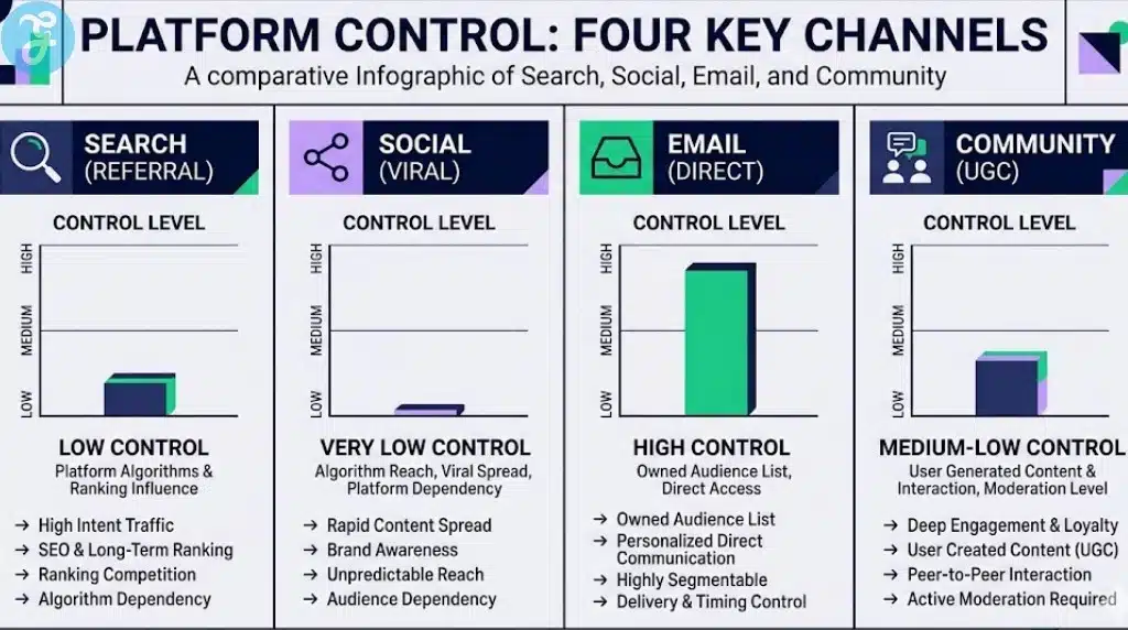 Matrix comparing different traffic sources by degree of platform reliance and long-term value.