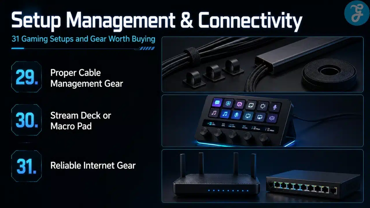 Infographic showing gaming setup management and connectivity gear including cable management, stream deck, macro pad, router, Ethernet, and internet gear.