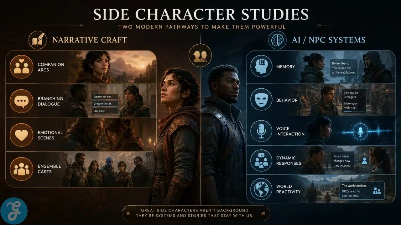 Side Character Studies infographic comparing narrative craft with AI NPC systems for modern game storytelling.