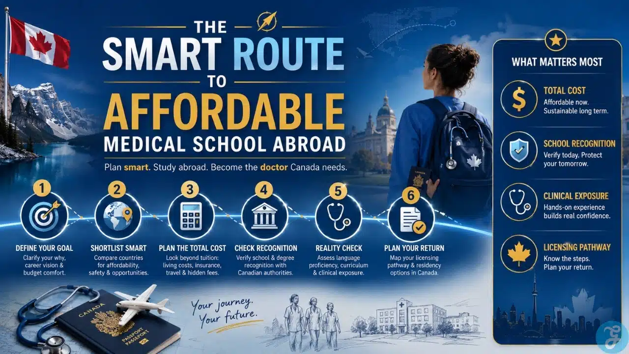 Infographic explaining the smart route to affordable medical school abroad, including total cost planning, school recognition, clinical exposure, and licensing pathway checks for Canadian students.