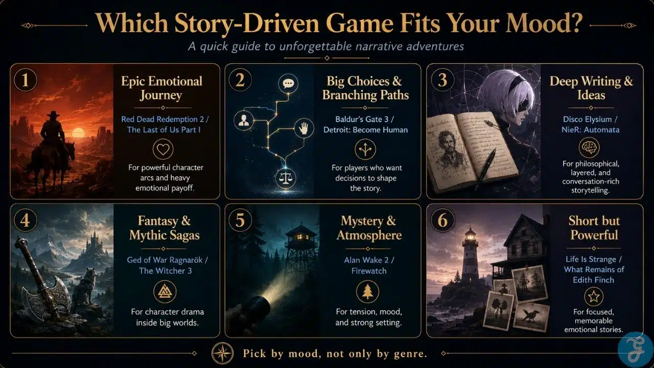 Infographic showing which story-driven game fits different player moods, from emotional journeys to mystery adventures.