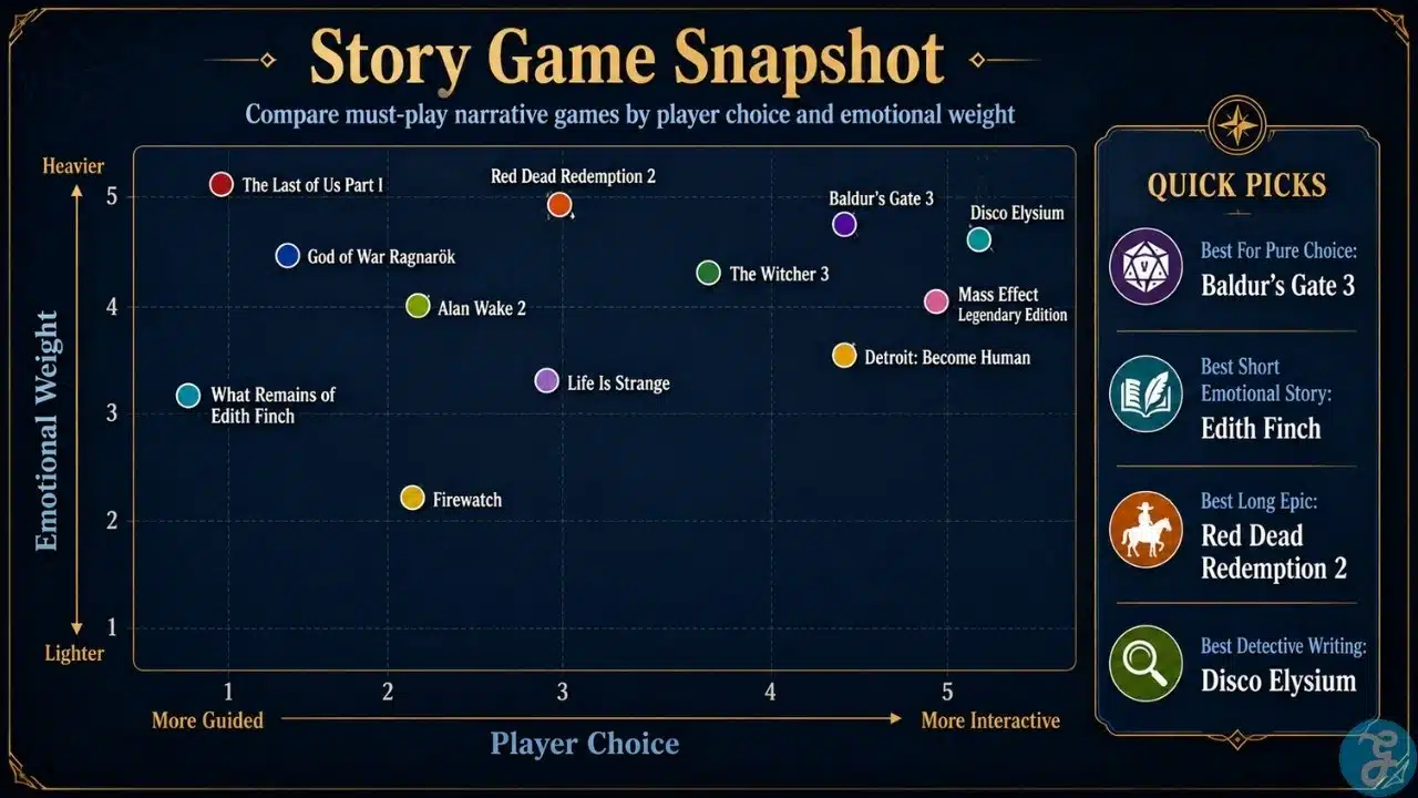 Infographic comparing story-driven games by player choice, emotional weight, and quick recommendations.